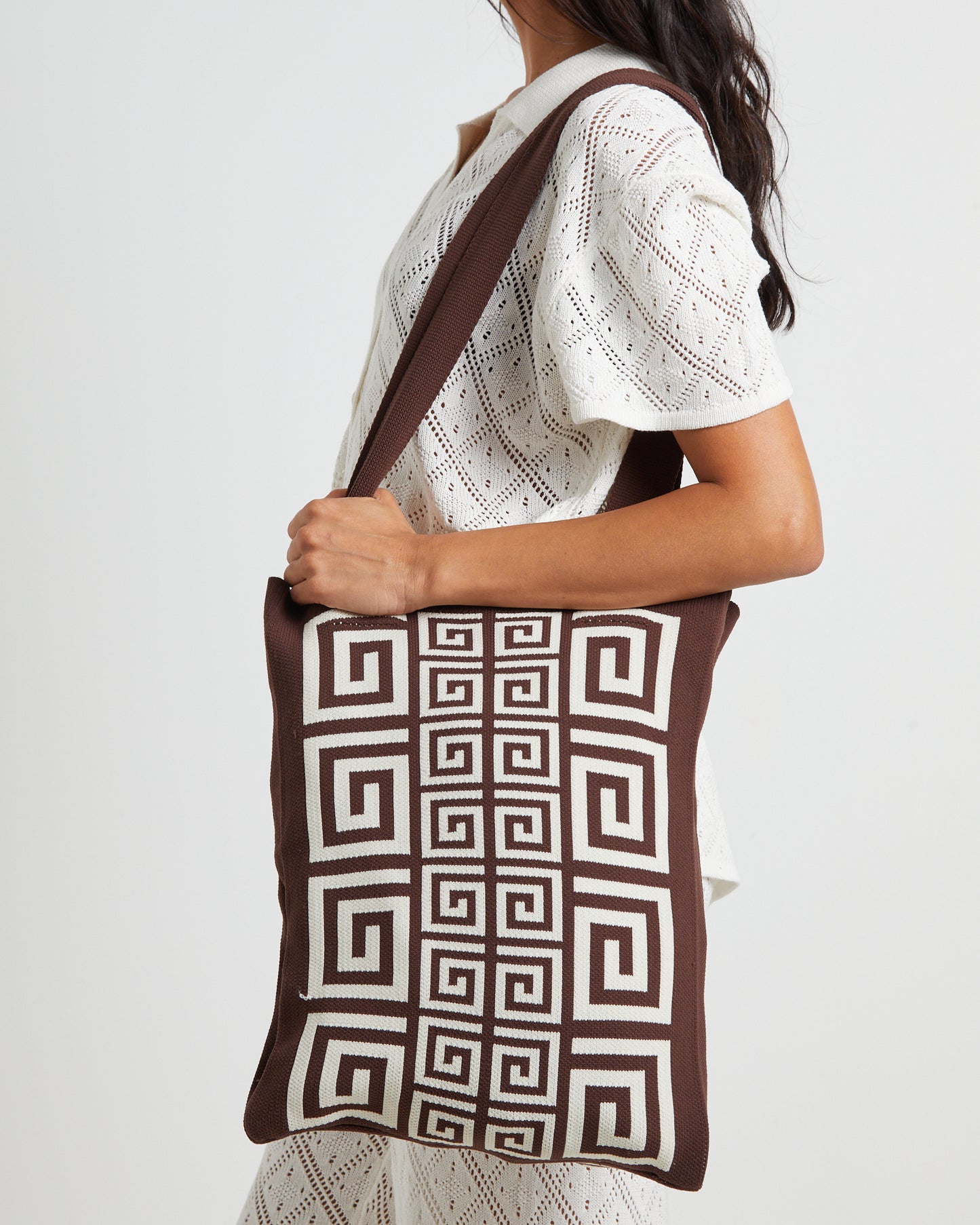 Riviera Border Jacquard Tote Bag in Chocolate Brown