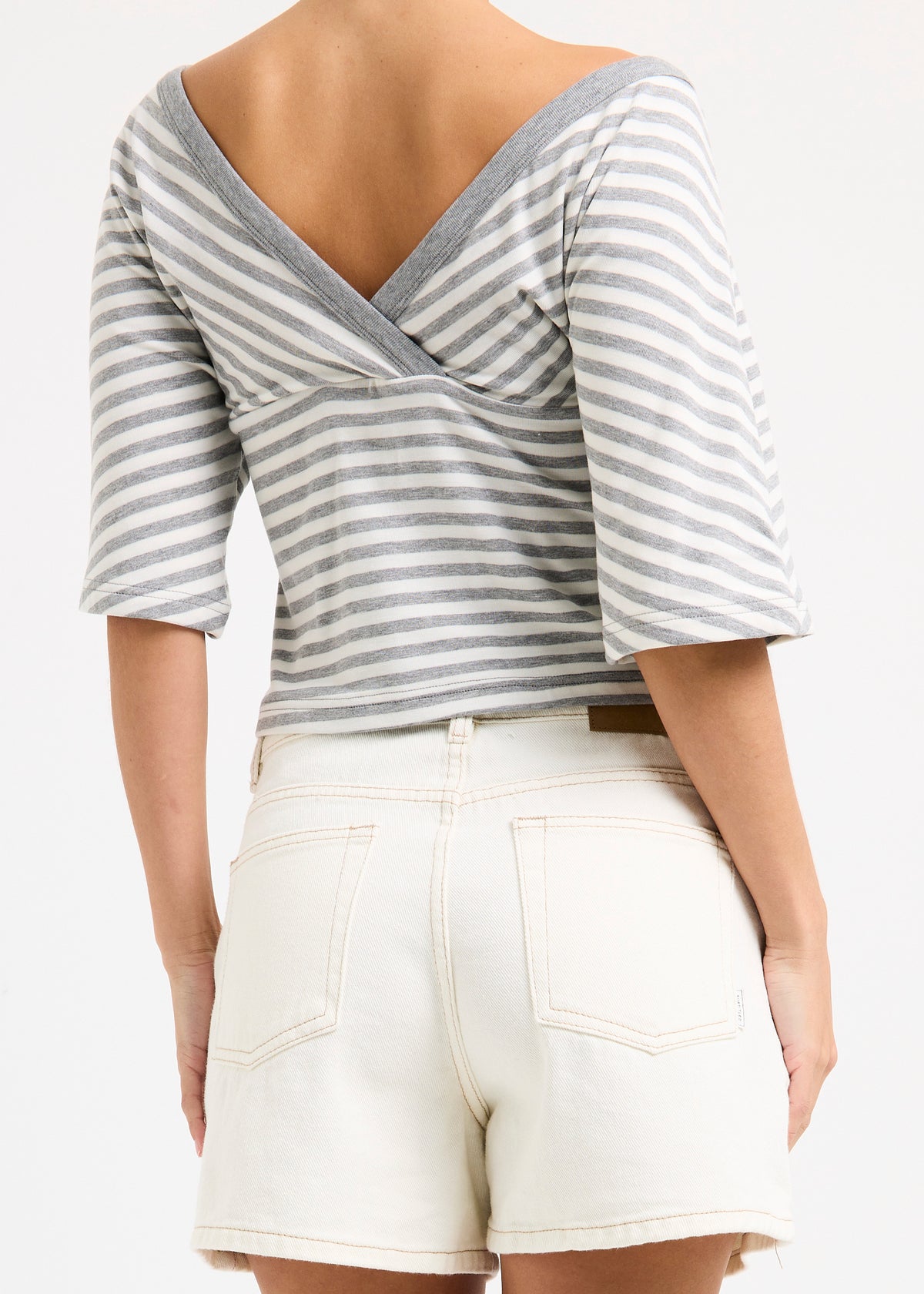 Andre Plunge V Neck Top GREY WHITE
