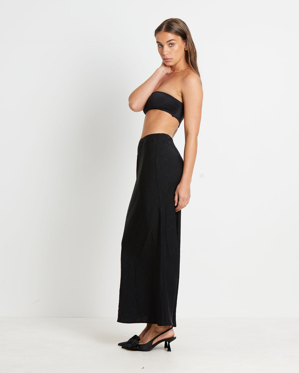 Allegra Crinkle Satin Maxi Skirt in Black BLACK