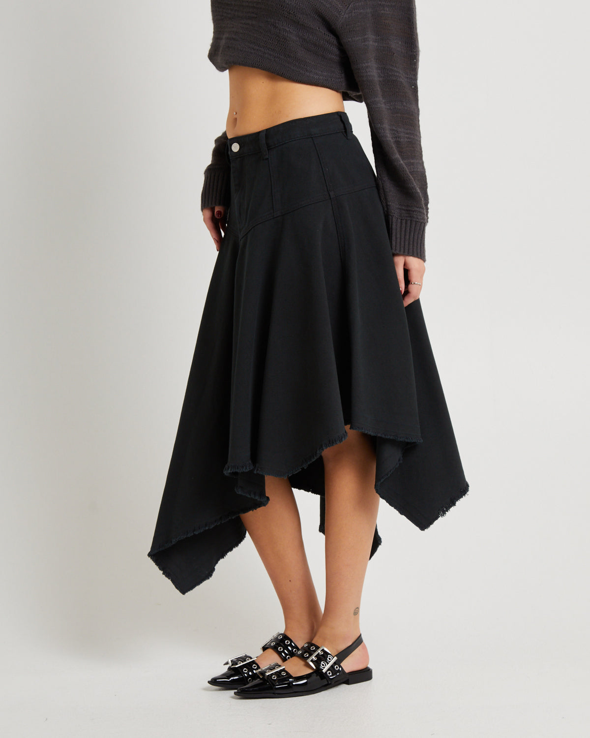 Lopez Handkerchief Hem Denim Skirt CHARCOAL