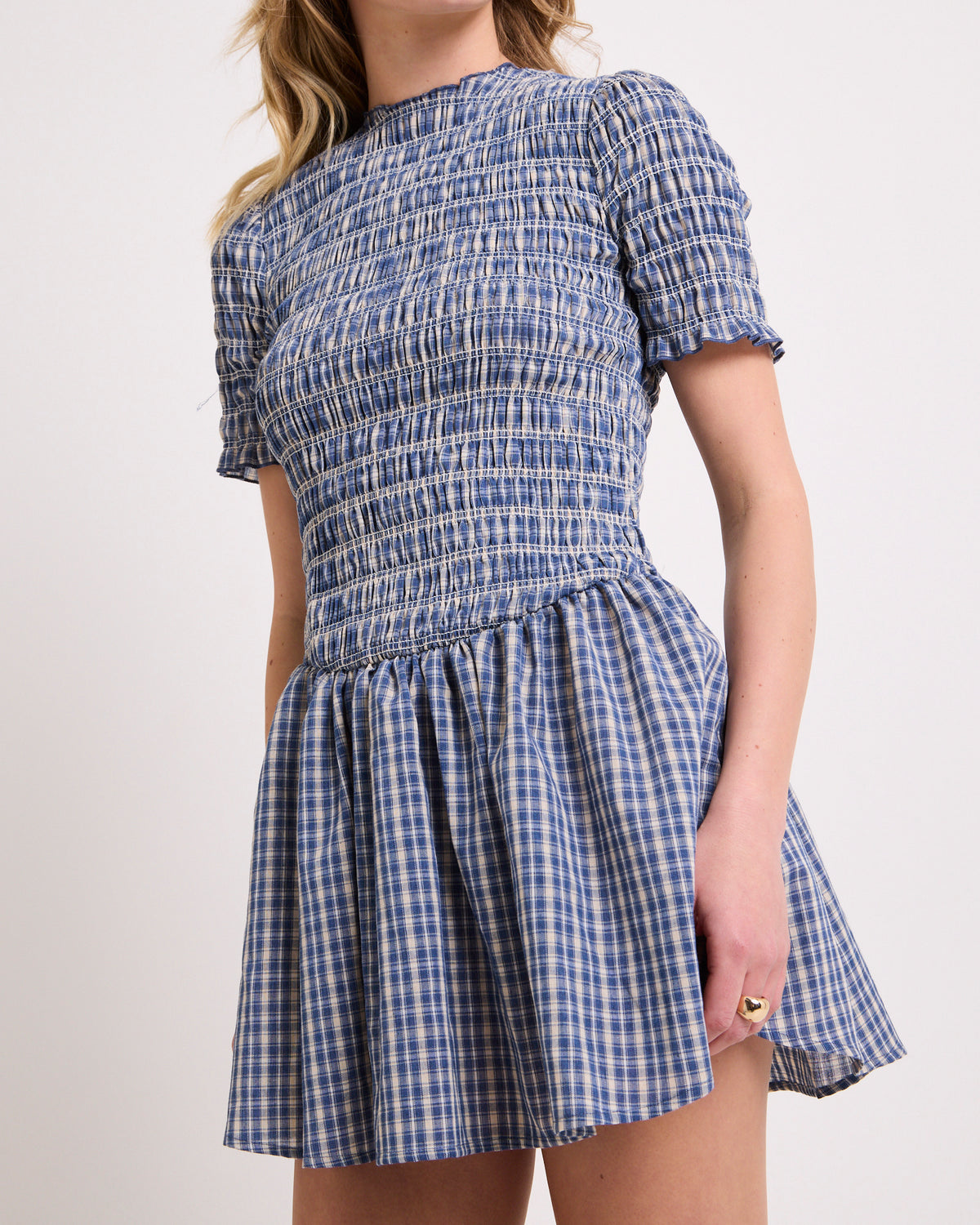 Bonnie Shirred Bubble Mini Dress BLUE