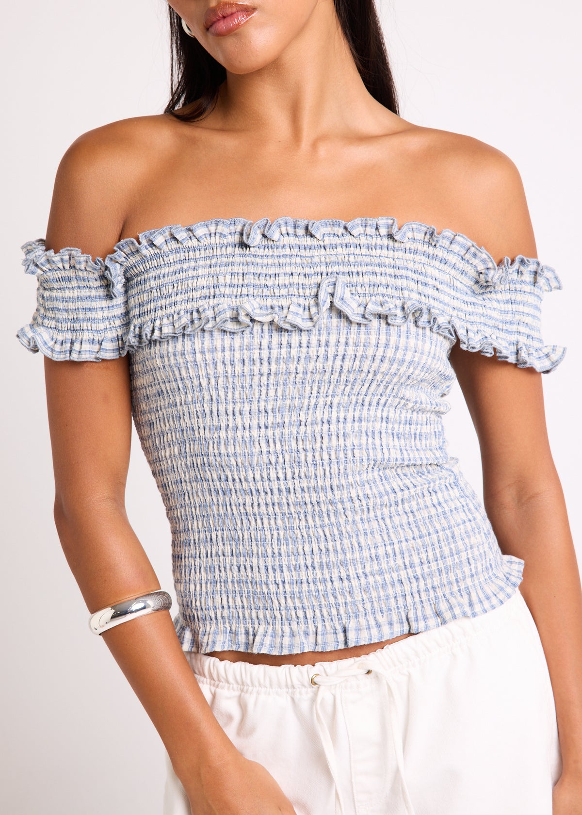 Rayna Shirred Off Shoulder Top GINGHAM