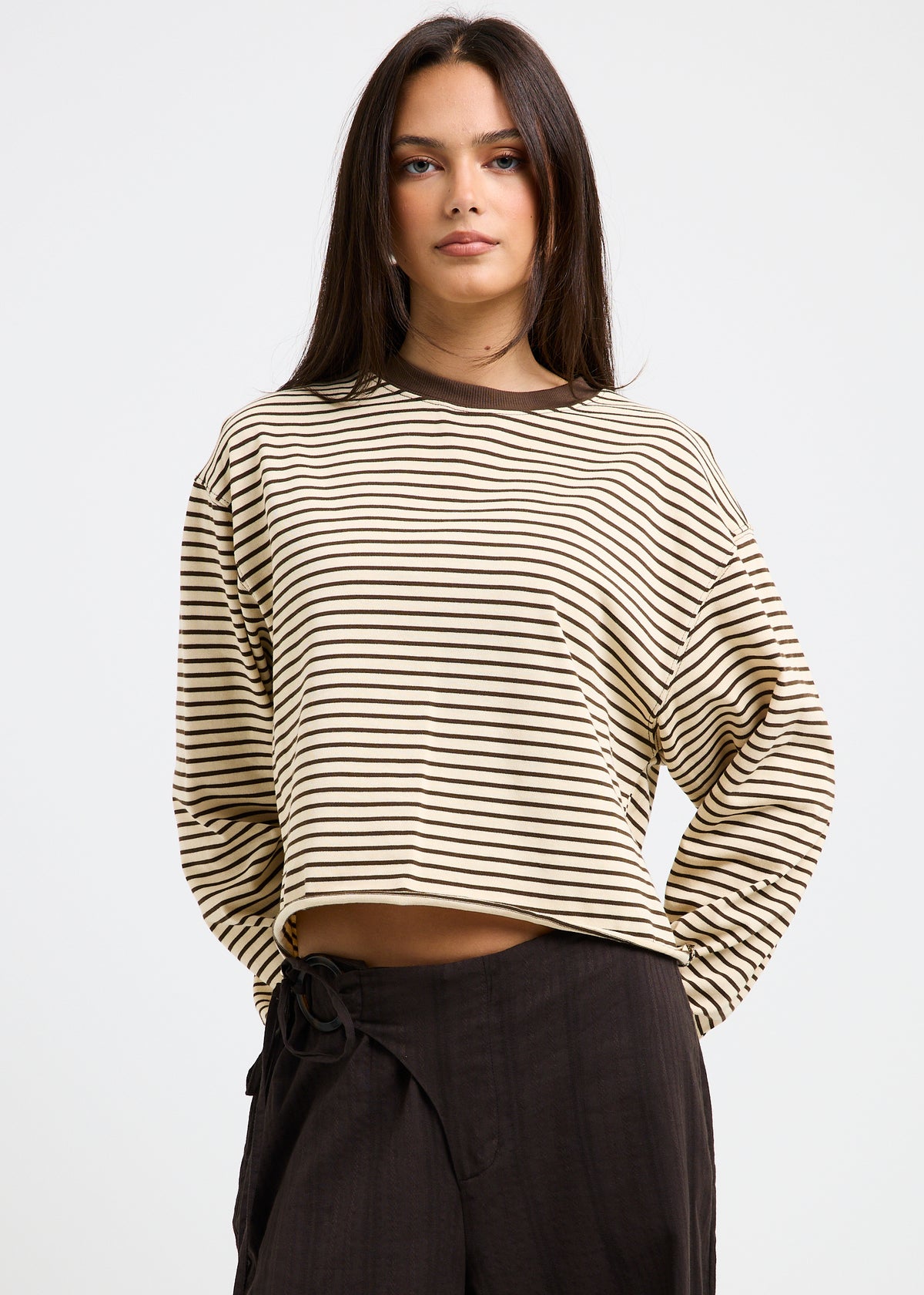 Long Sleeve Stripe Top CHOC/NATURAL