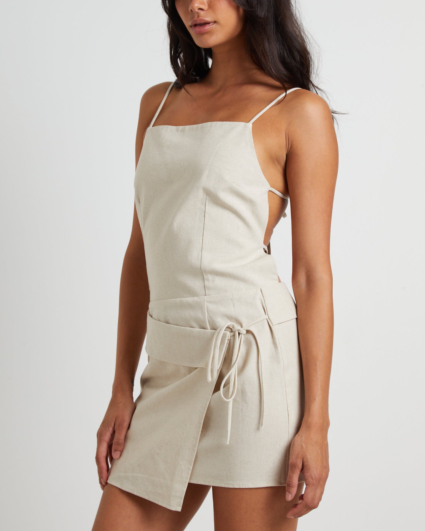 Eden Backless Linen Mini Dress in Oat Marle