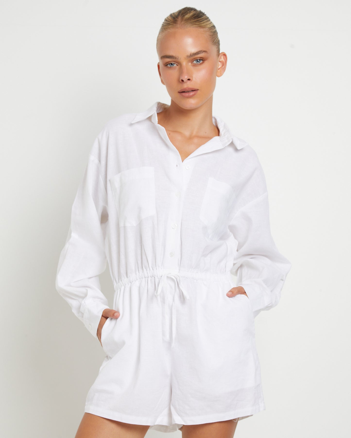 Joslin Boxy Long Sleeve Shirt Playsuit in White