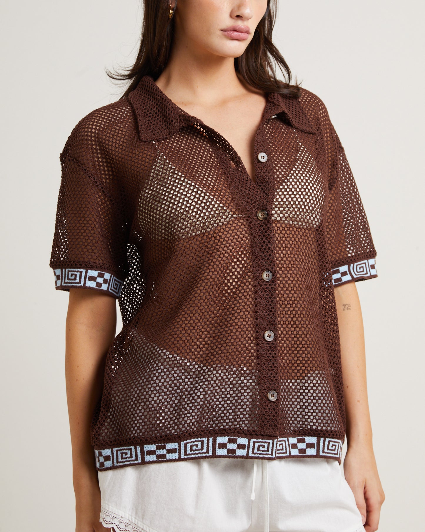 Dimension Crochet Short Sleeve Shirt in Chocolate