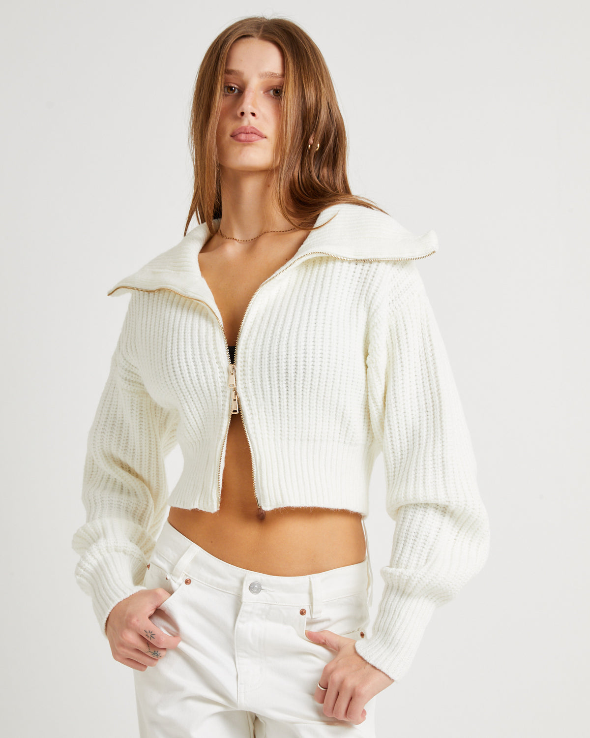 Simmy Double Zip Knit Top WHITE
