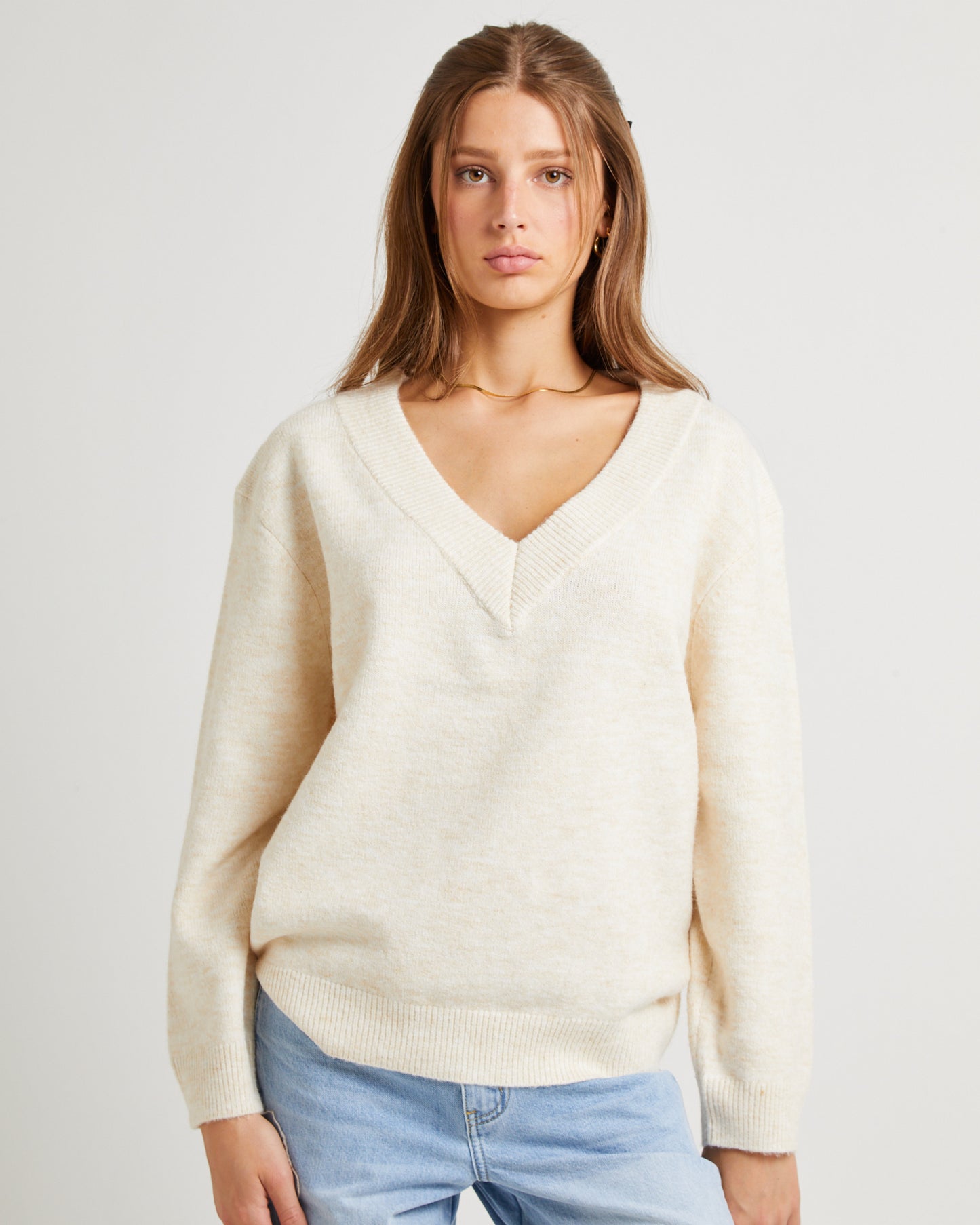 Deep V Neck Slouchy Jumper BEIGE
