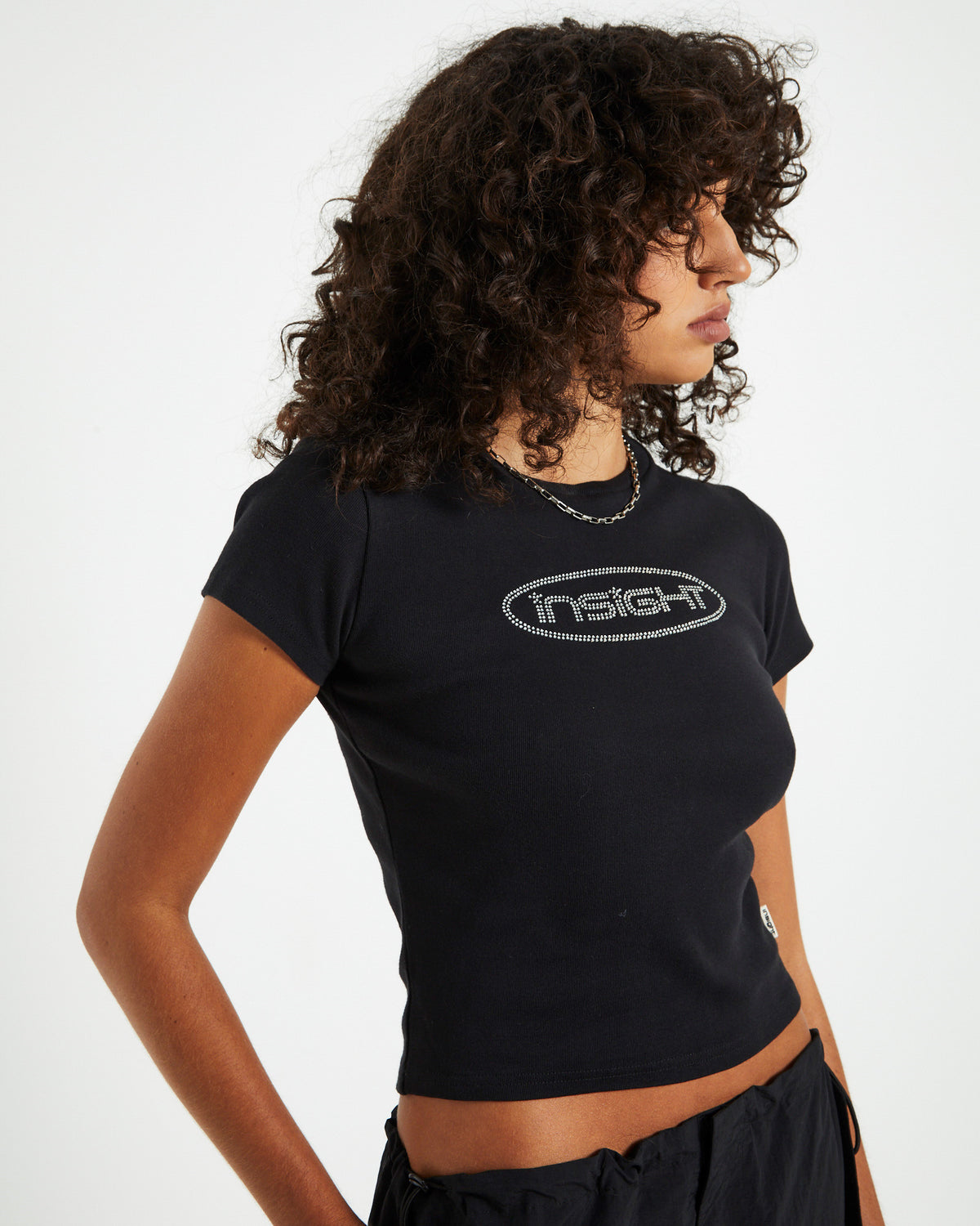Longline Rhinestone Baby Tee Black BLACK