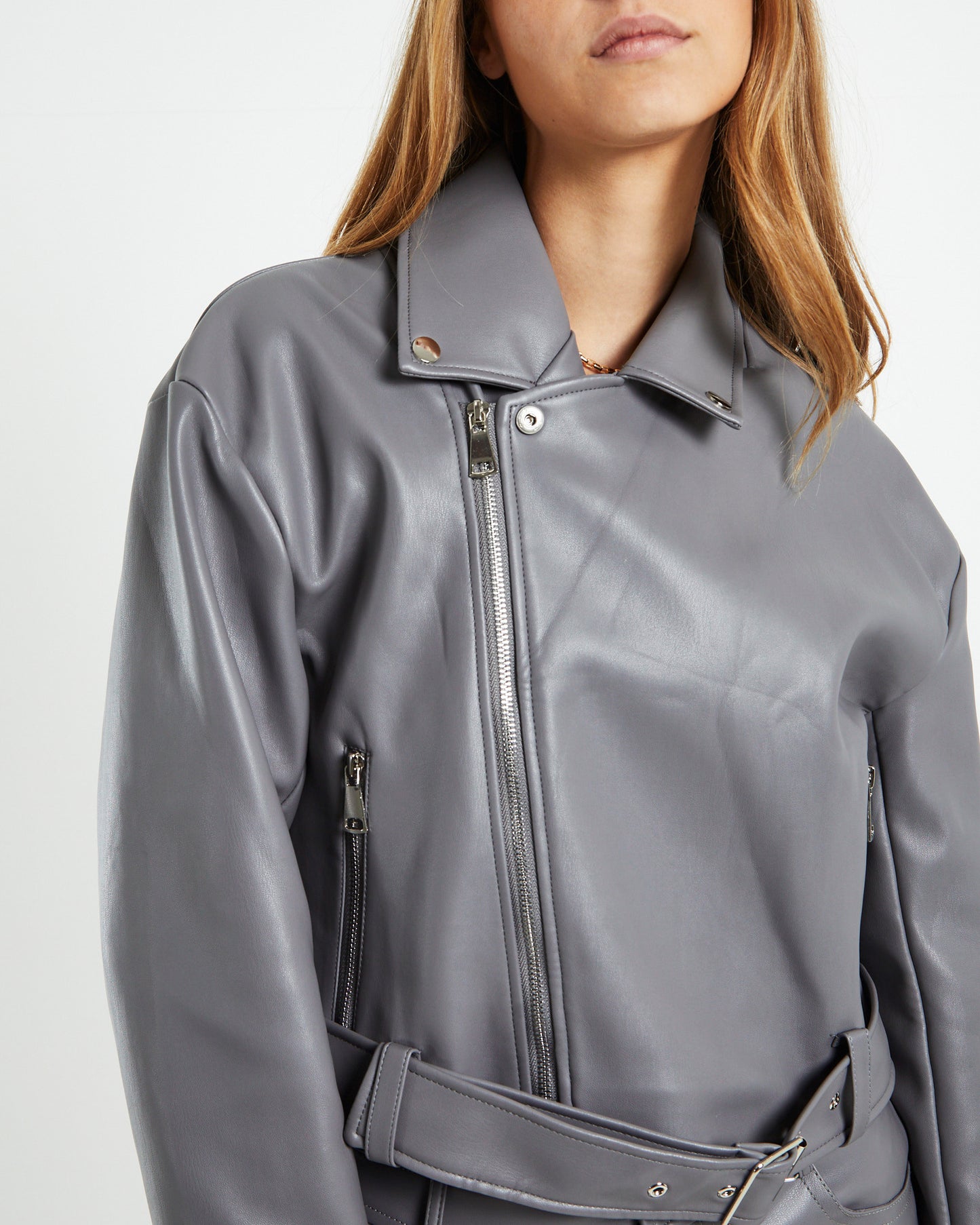 Enya Boxy PU Biker Jacket Grey