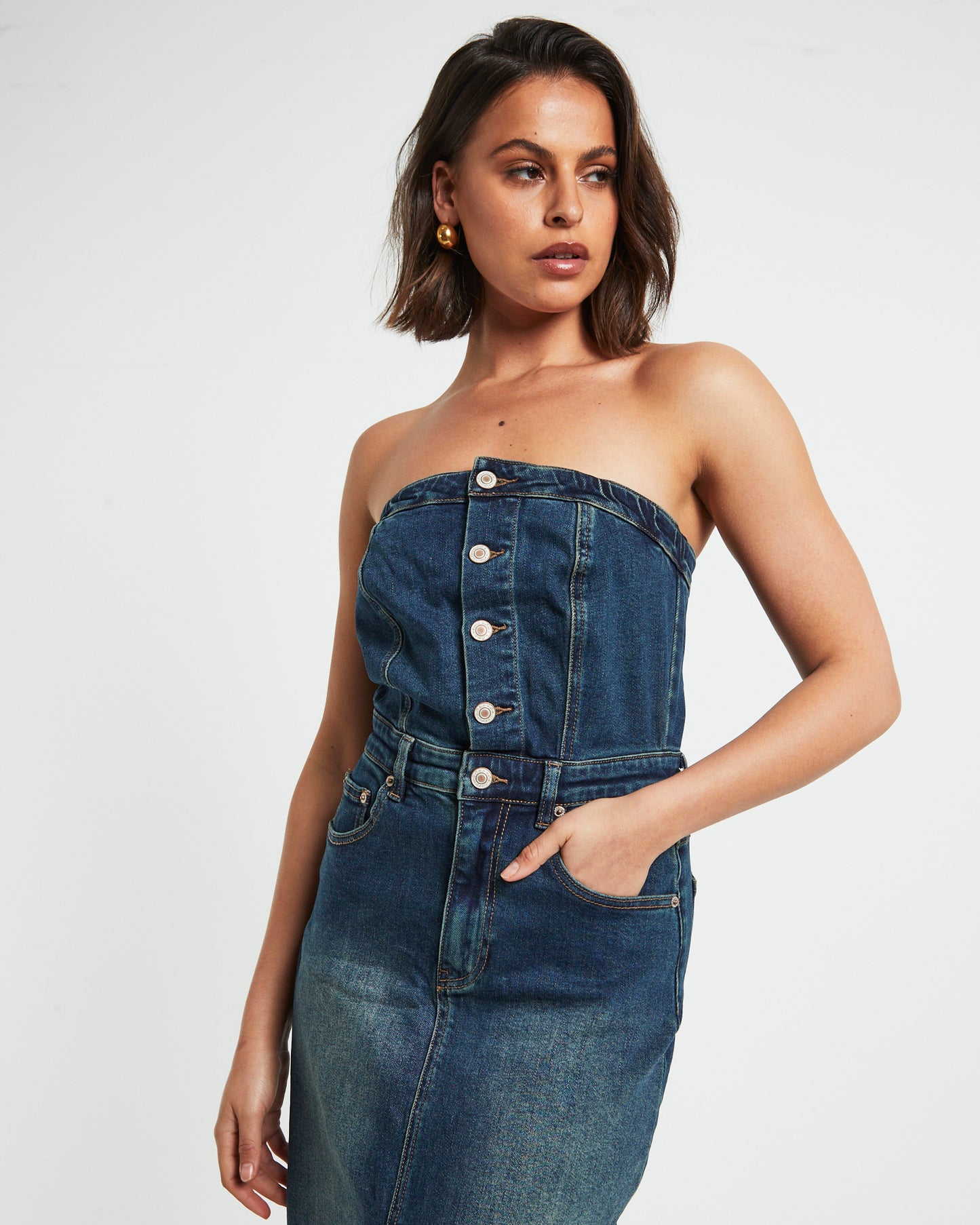 Howdy Denim Tube Midi Dress in Vintage Blue
