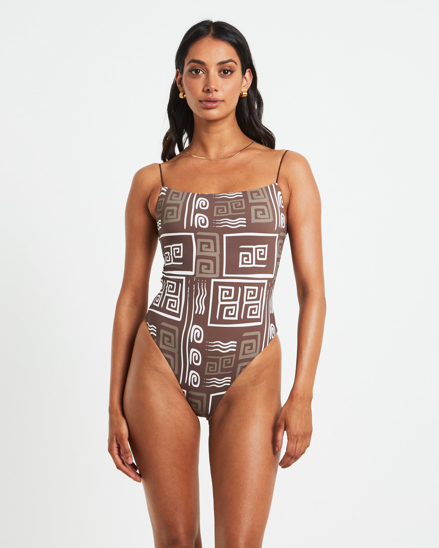 Jenna Skinny Strap One Piece in Brown/White