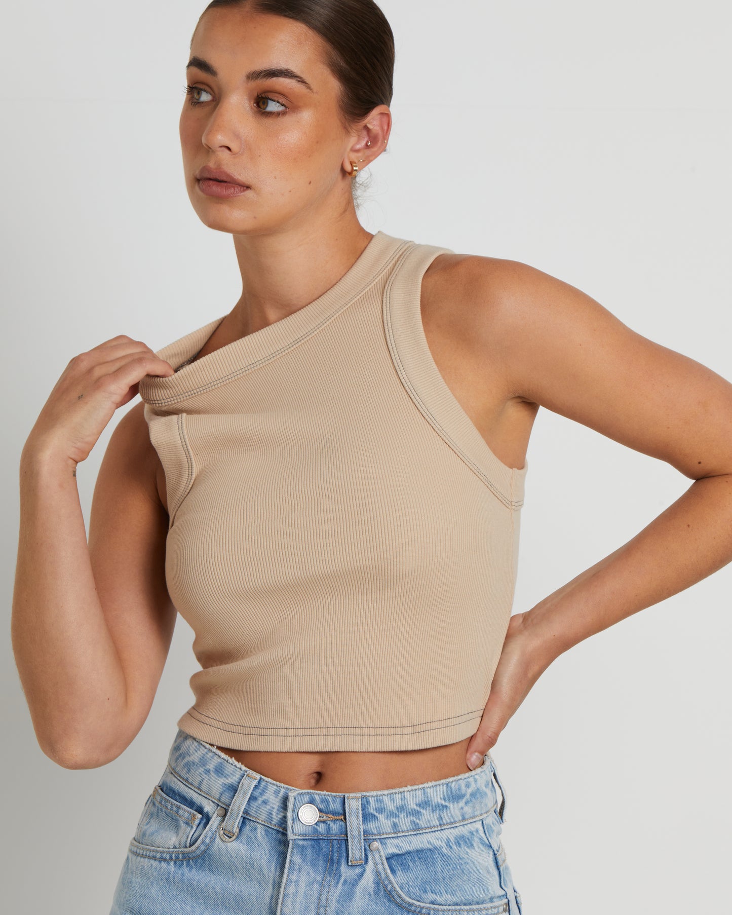 Jonesy Recut Rib Singlet in Bleached Sand