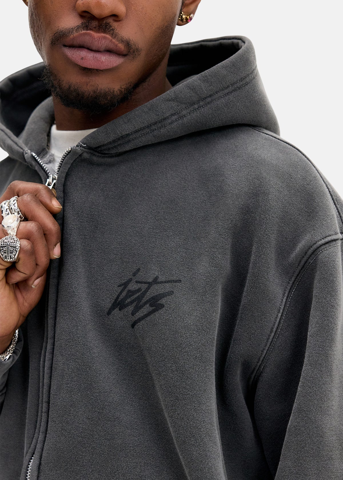 IF Script Logo Washed Zip-Up Hoodie Sweatshirt GREY - 0016