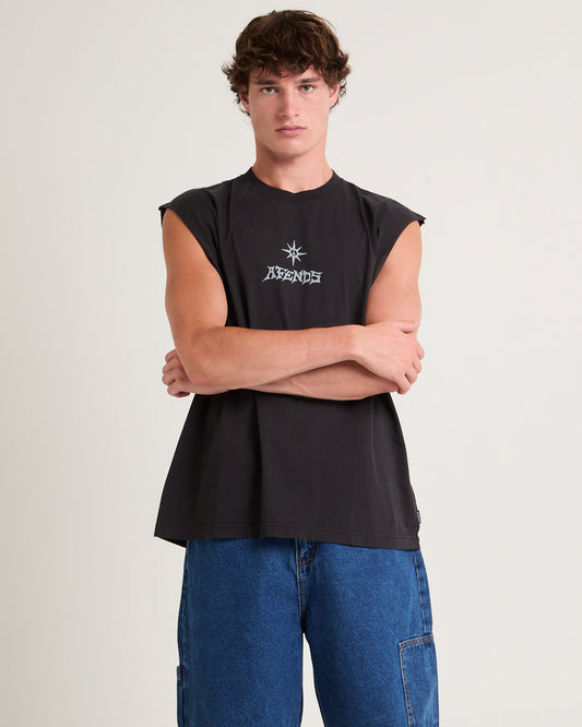 Peace Out Sleevless T-Shirt in Stone Black Stone Black