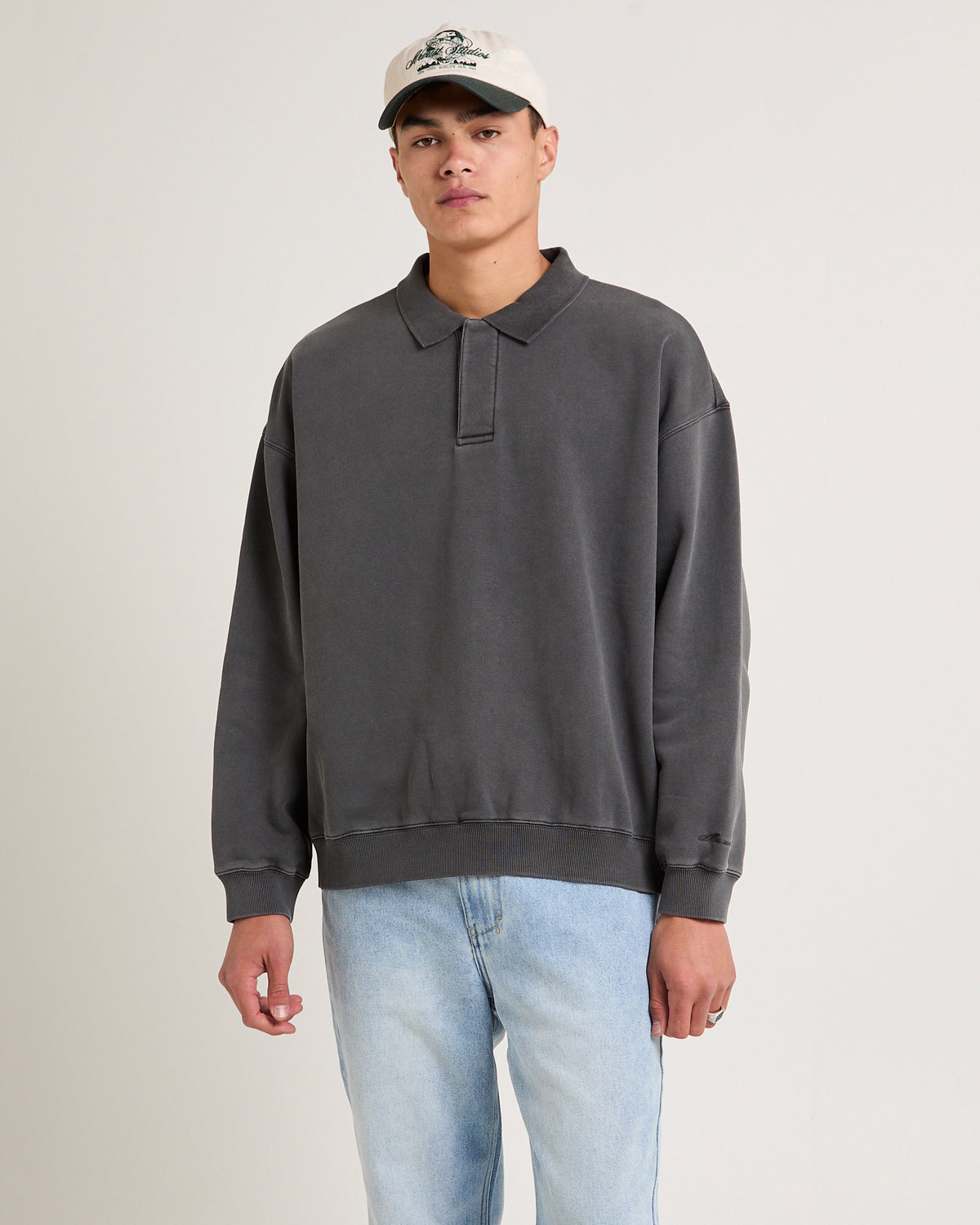 Script Fleece Polo Shirt WASHED BLACK