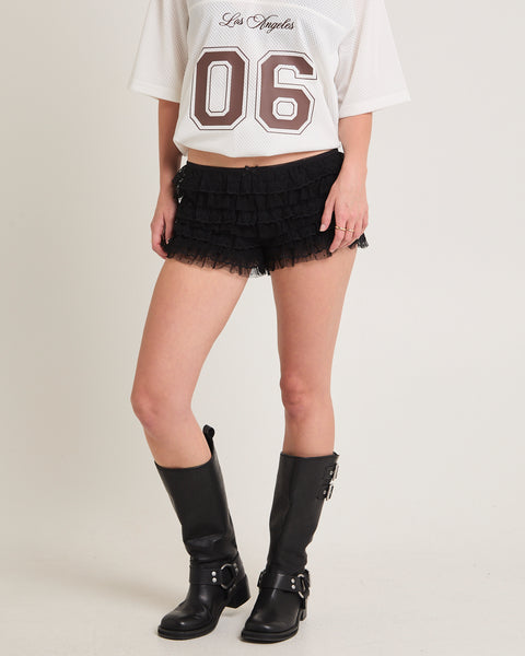 パンツ herlipto Quilted Flare Bell Shorts Heartbreaker Lace Ruffle Shorts – General Pants Co.