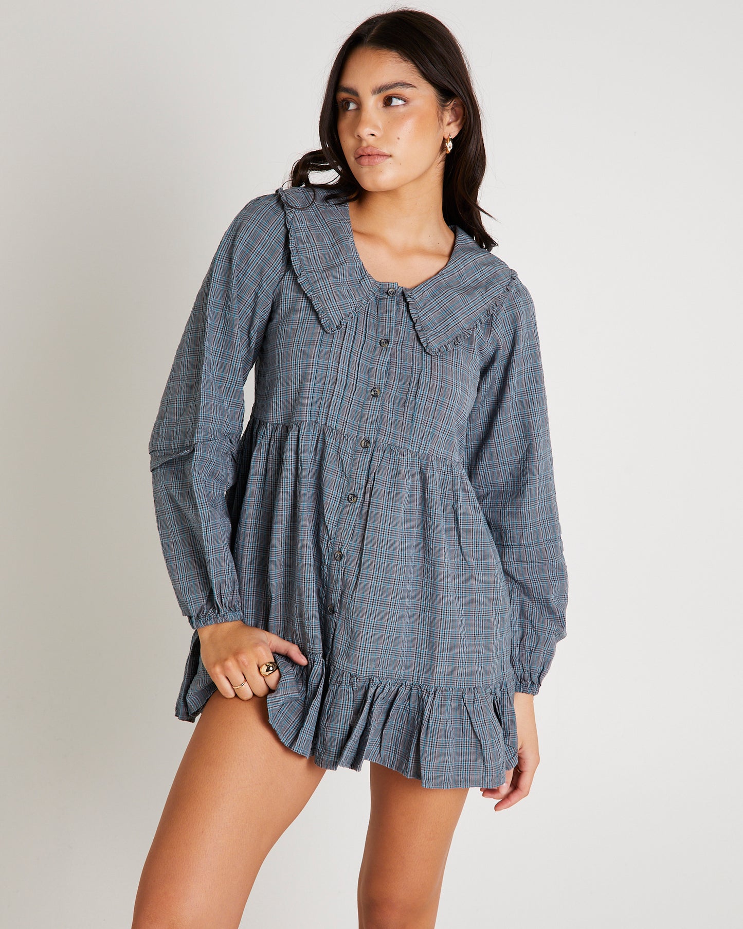 BDG Check Collar Long Sleeve Mini Dress