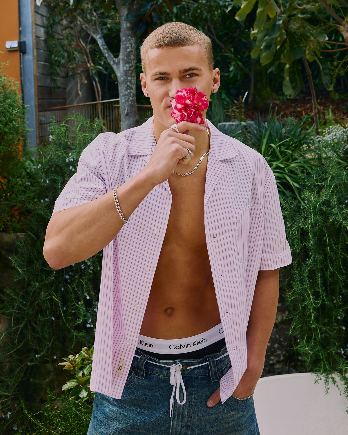 Box Striped Short Sleeve Shirt PINK