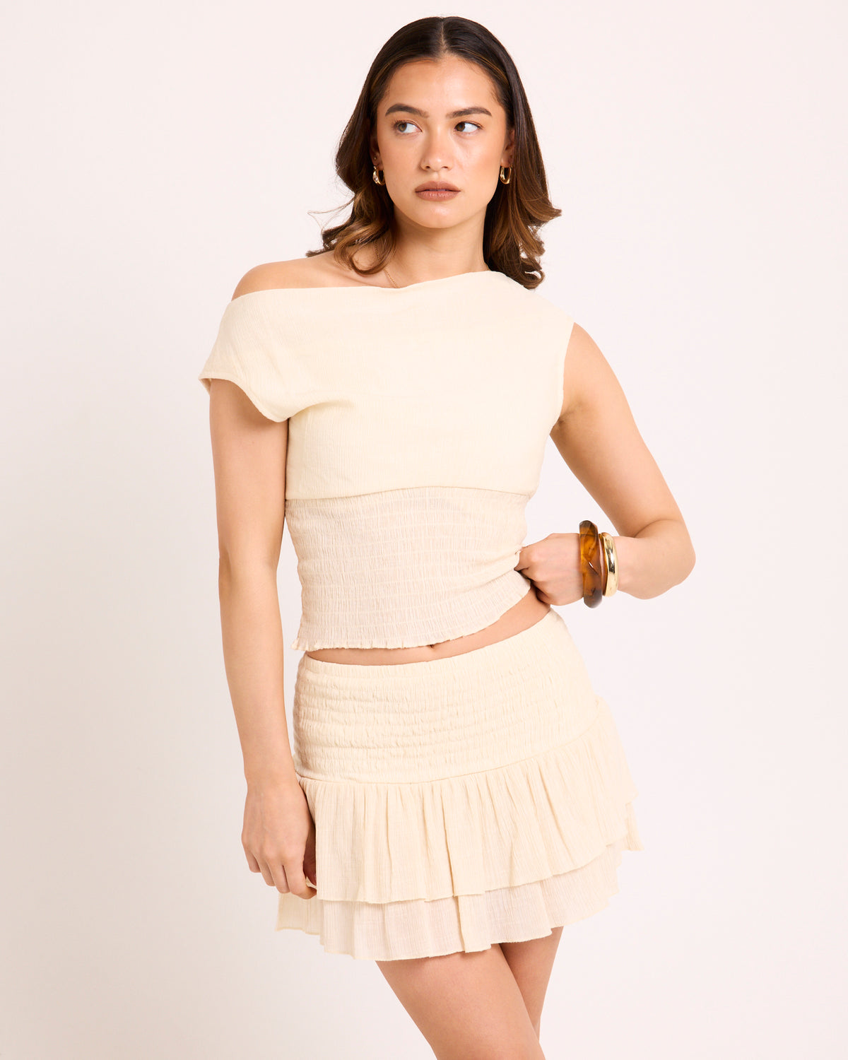 Tula Shirred Off Shoulder Top IVORY
