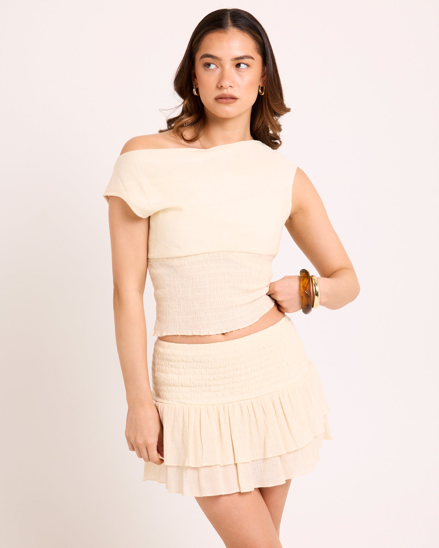 Tula Shirred Off Shoulder Top