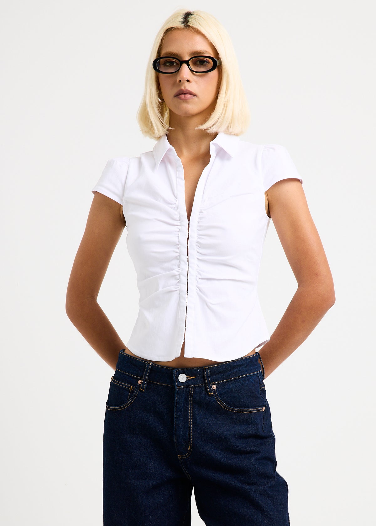 Cassia Short Sleeve Gather Shirt WHITE