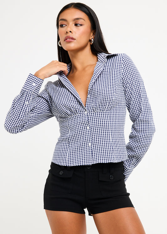 Isha Check Button Down Long Sleeve  Shirt NAVY CHECK