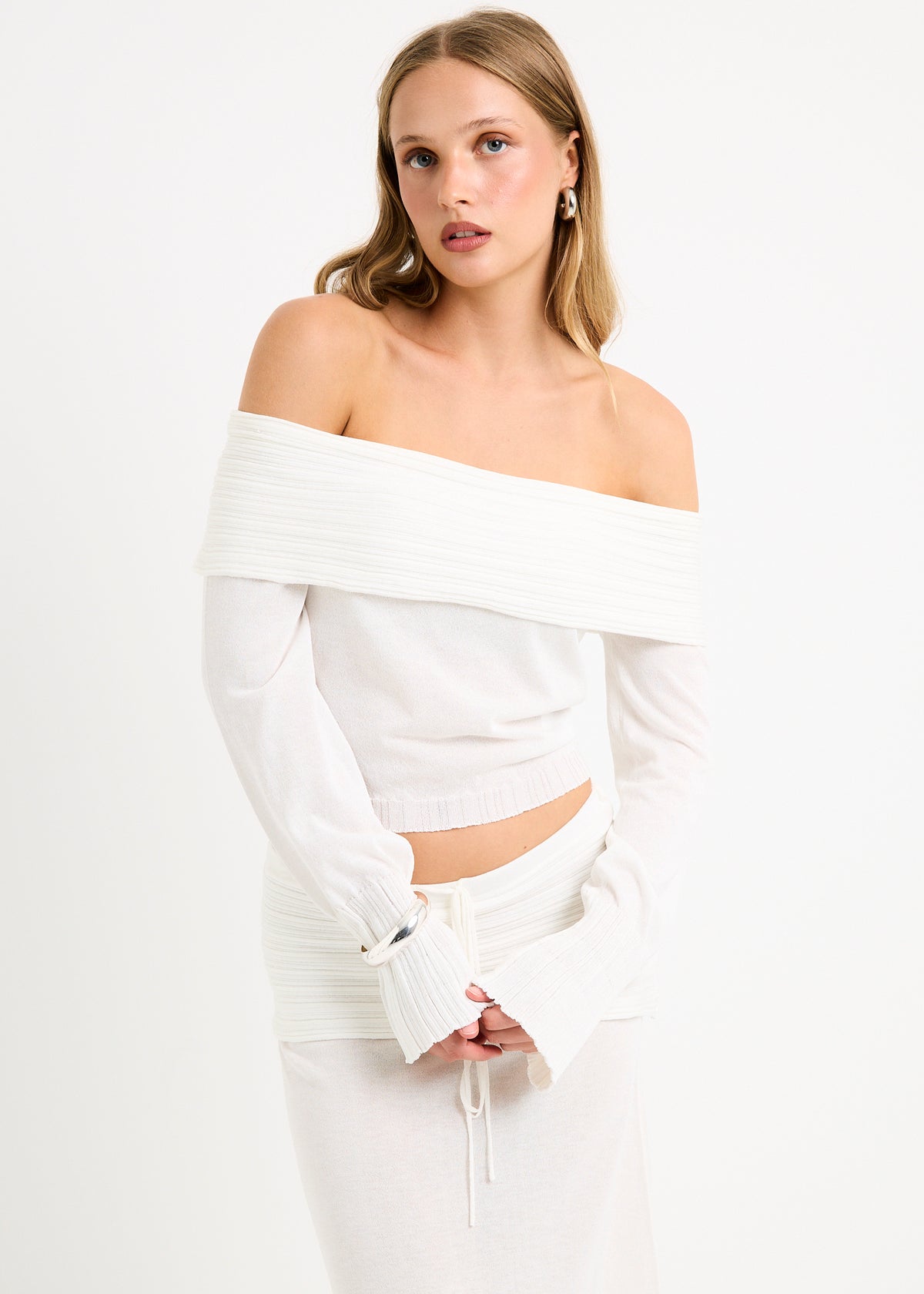 Palma Off Shoulder Knit Top WHITE