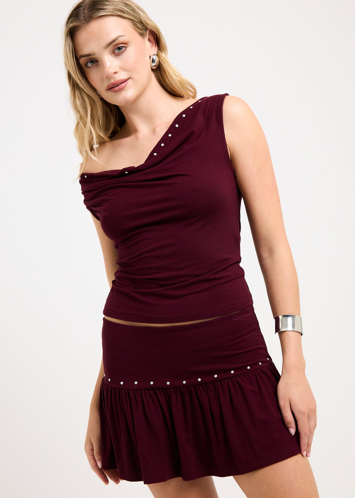 Lina Studded Cowl Neck Top BURGUNDY