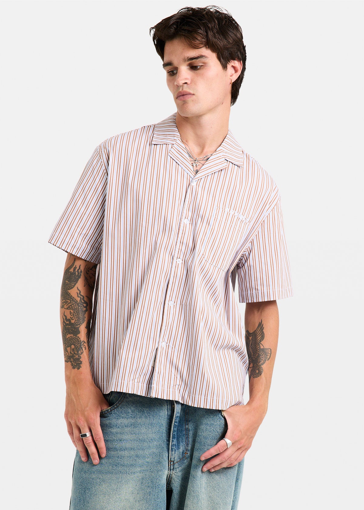 Box Striped Short Sleeve Shirt BROWN