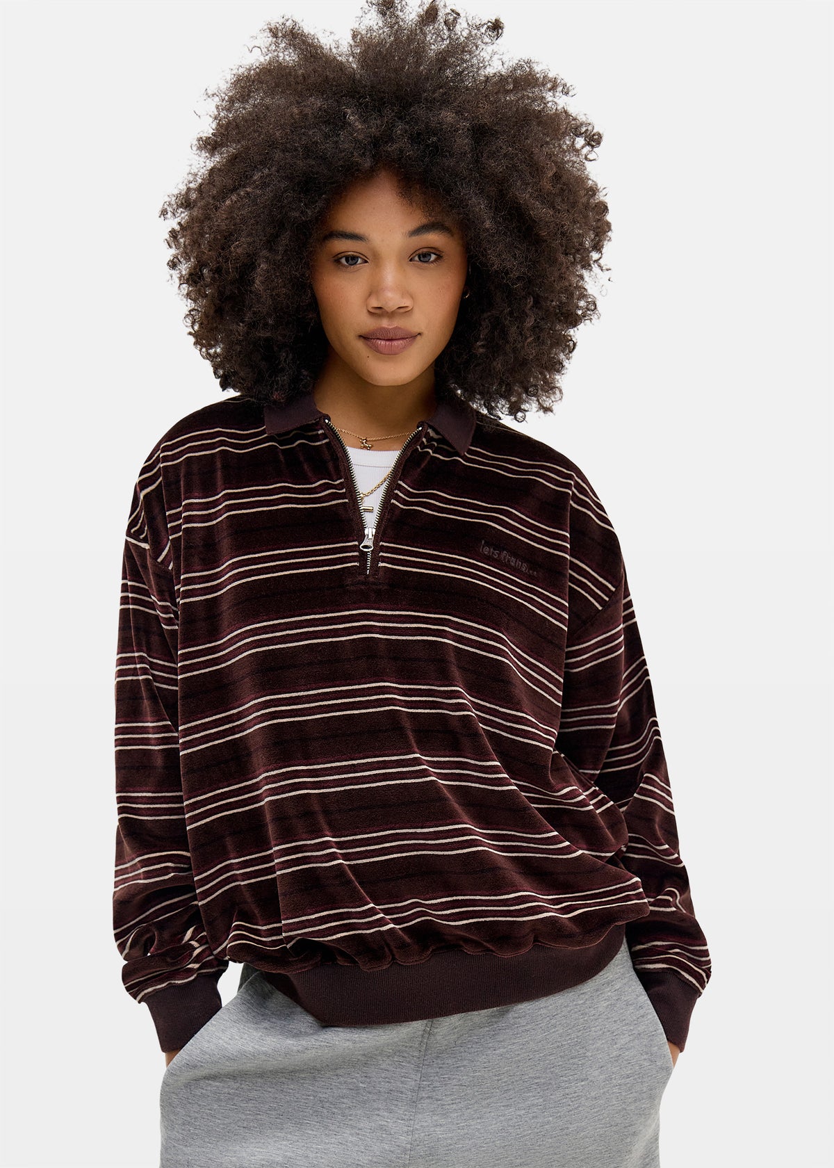 Stripe Velour Polo Shirt BROWN