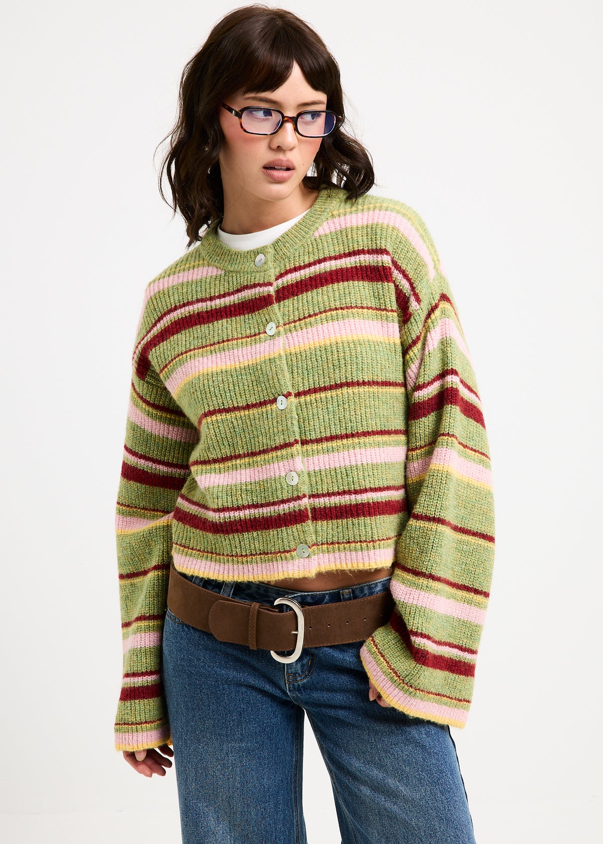 Regina Eyelash Knit Oversized Stripe Cardigan GREEN