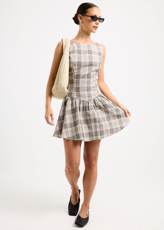 Guava Shirred Mini Dress PLAID
