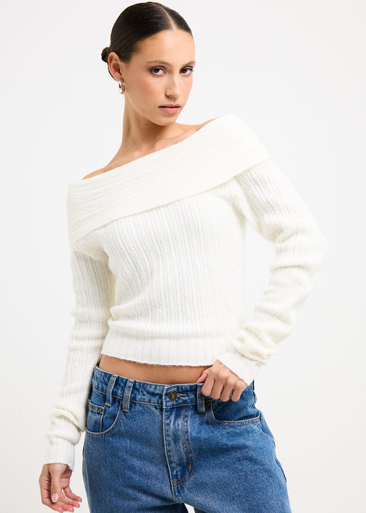 Claudia Off Shoulder Rib Knit Top IVORY