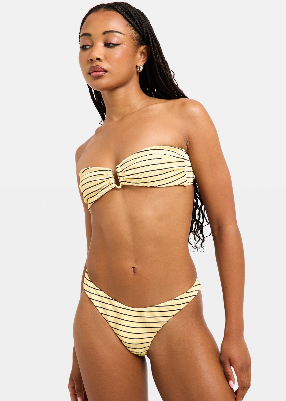 Rib Trim Bandeau Bikini YELLOW/BROWN STRIPE