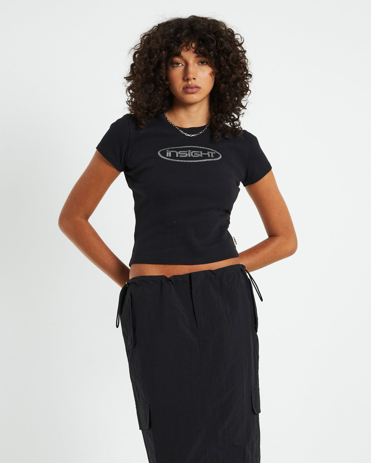 Longline Rhinestone Baby Tee Black BLACK