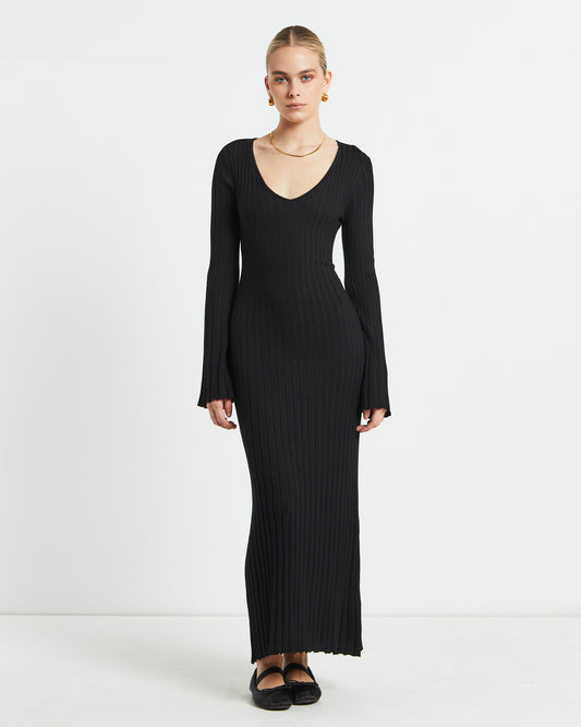 Sophie Long Sleeve Rib Knit Dress Black BLACK