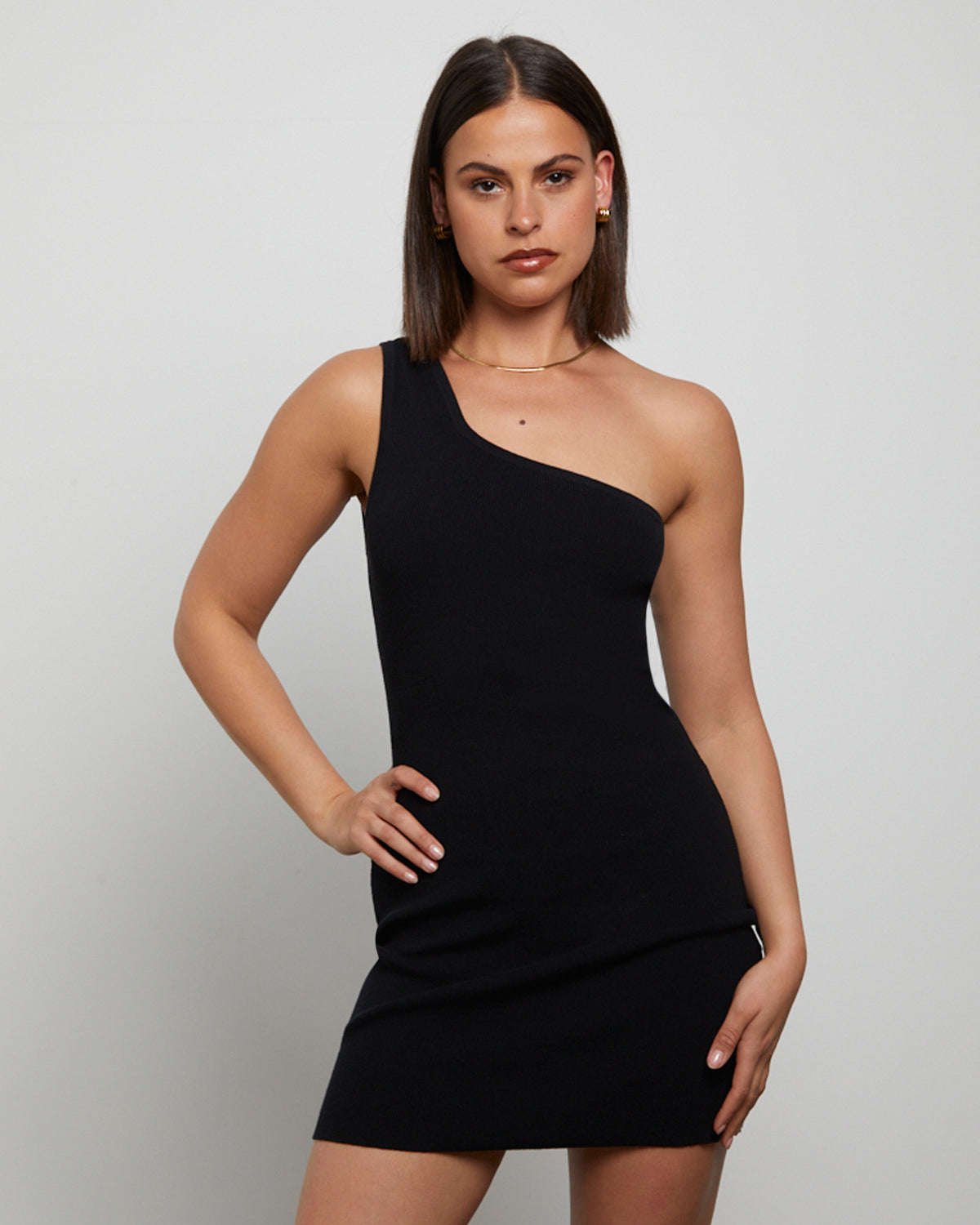 Luxe Knitted One Shoulder Mini Dress in Black BLACK
