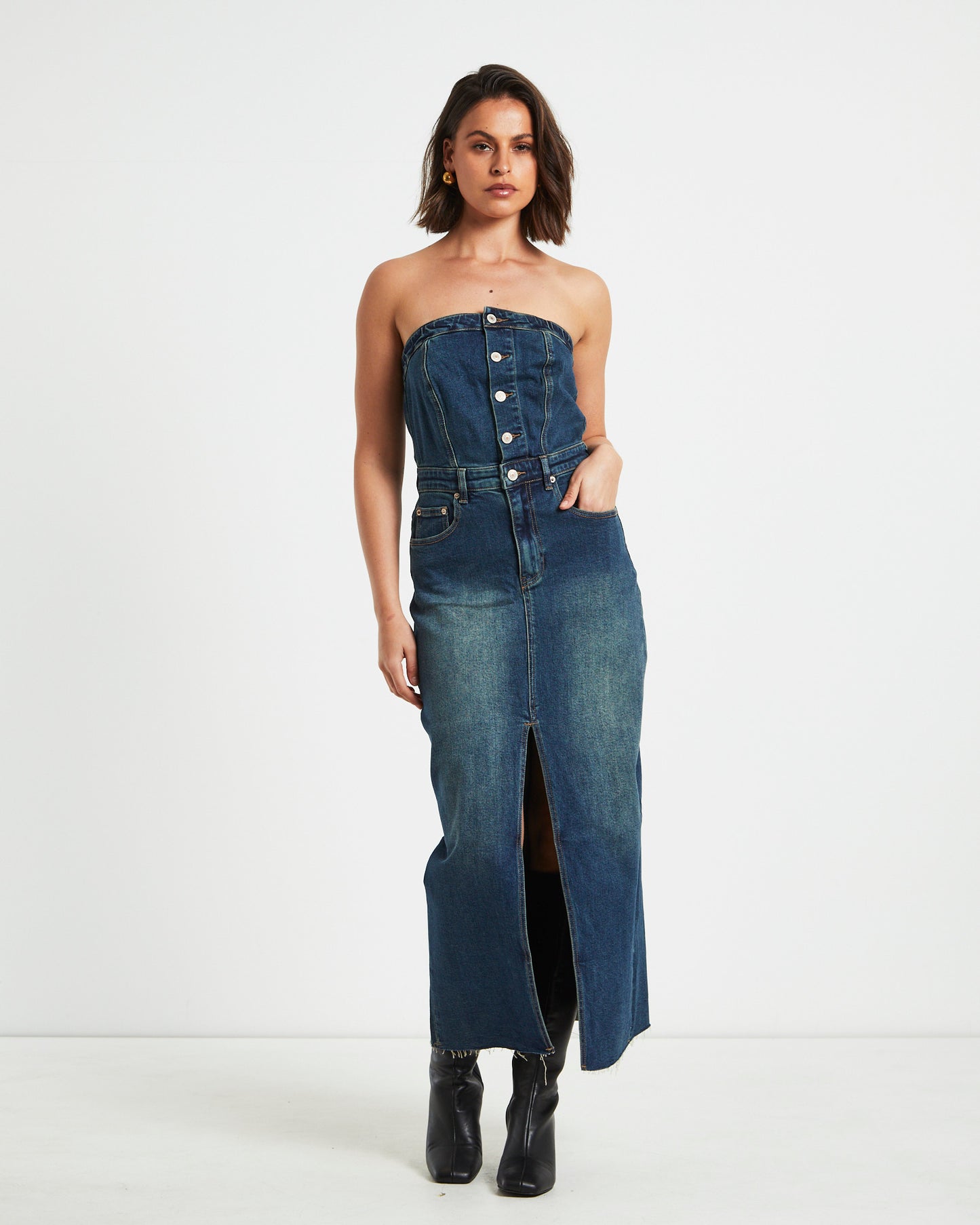 Howdy Denim Tube Midi Dress in Vintage Blue