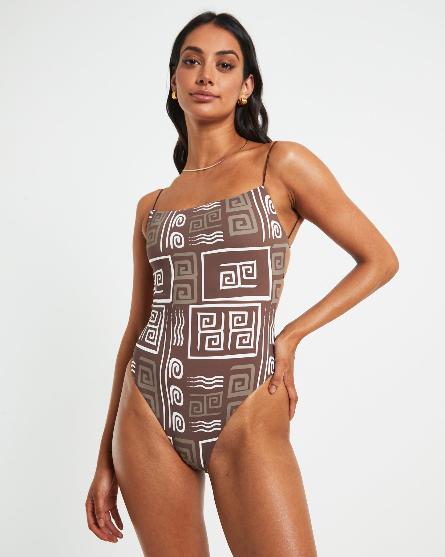 Jenna Skinny Strap One Piece in Brown/White