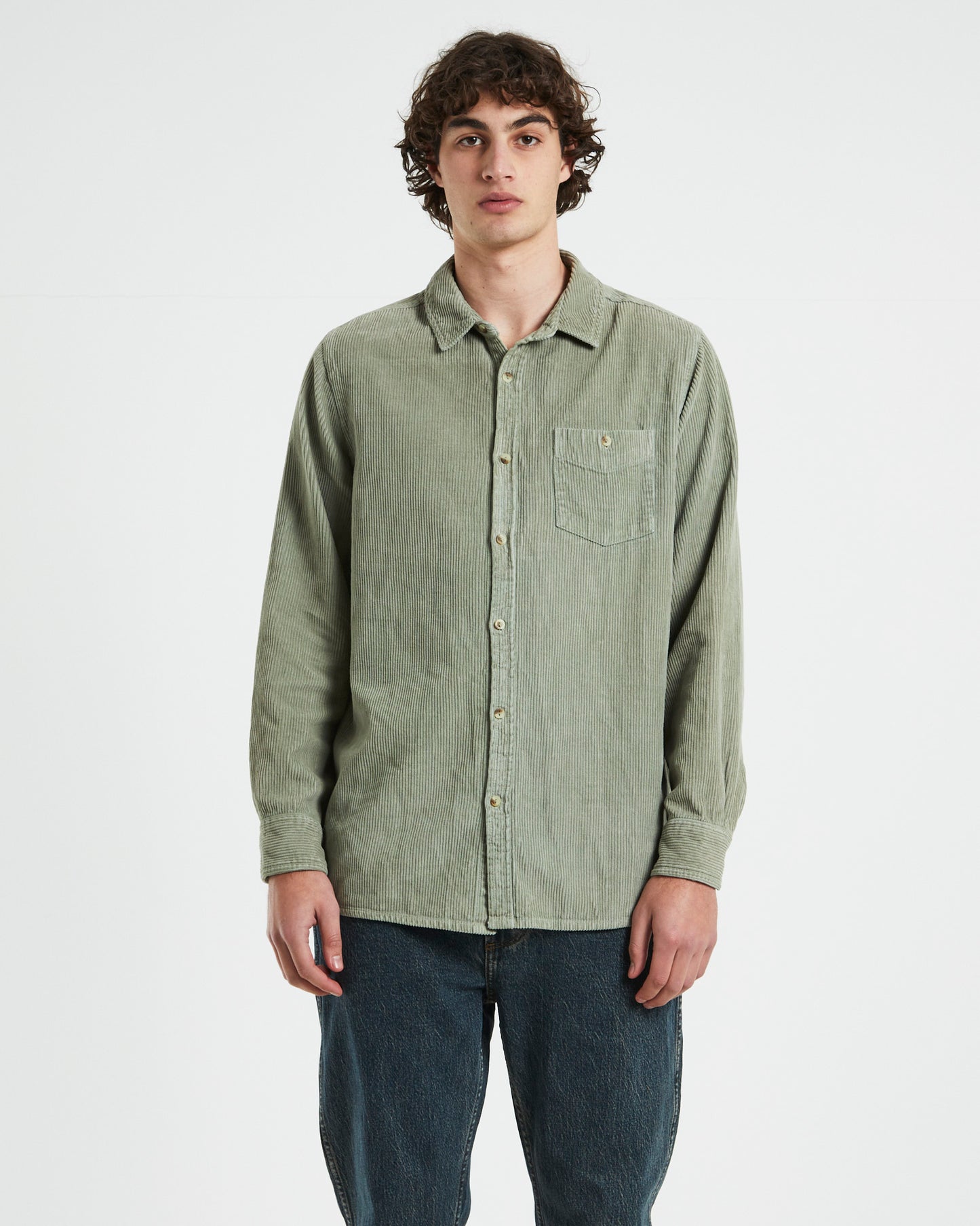 Men At Work Fat Cord Long Sleeve Shirt in Moss Green