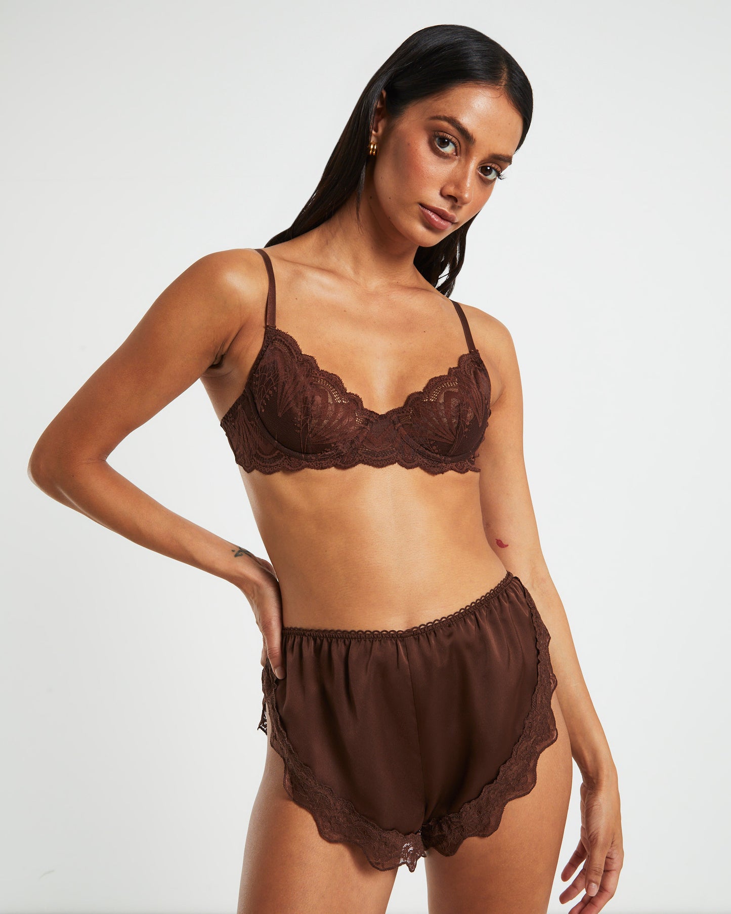 Exie Cheeky Runner Silky Shorts in Chocolate Brown