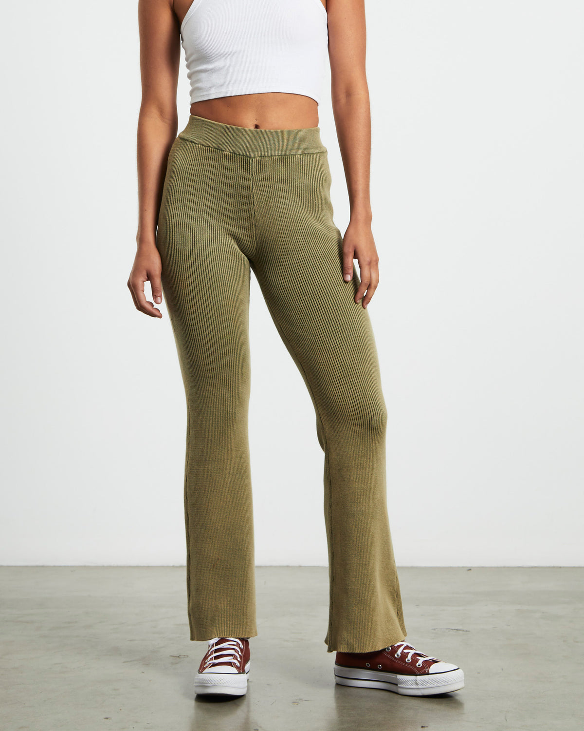 Angelique Acid Wash Rib Soft Flare Pant in Khaki KHAKI