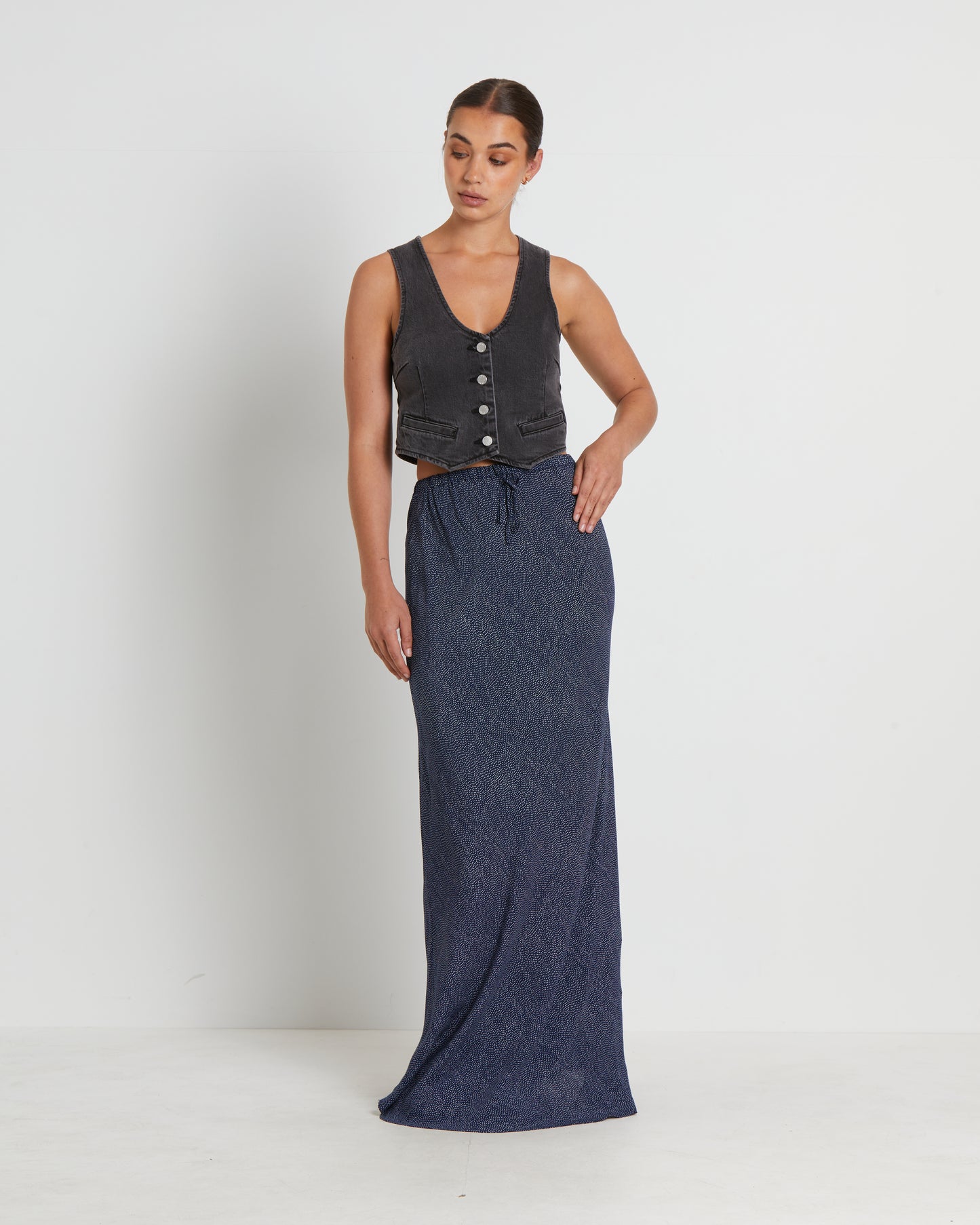 Slip Maxi Skirt in Mini Spot Navy