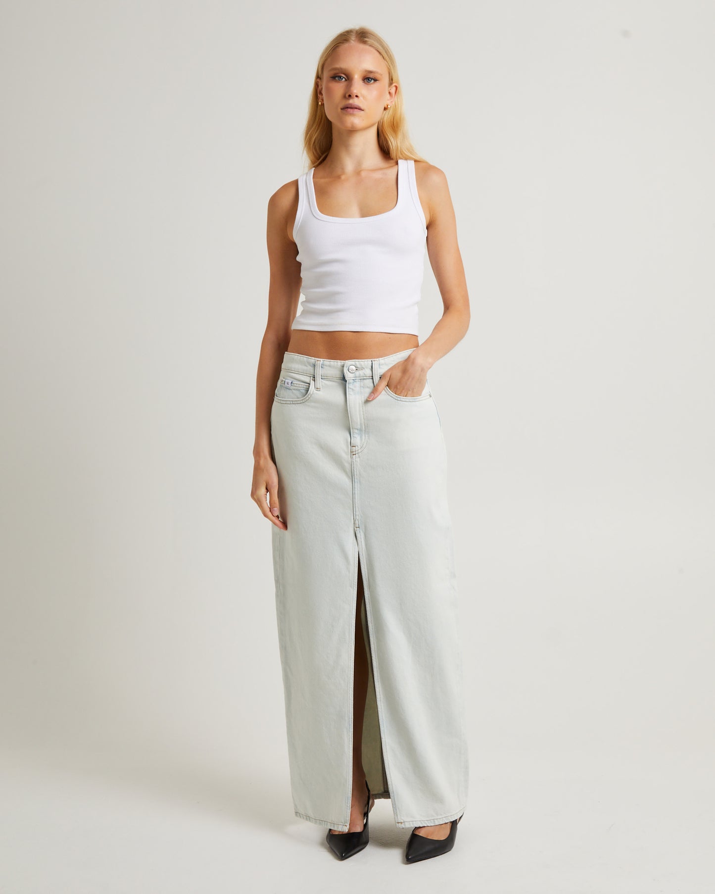 Front Split Denim Maxi Skirt