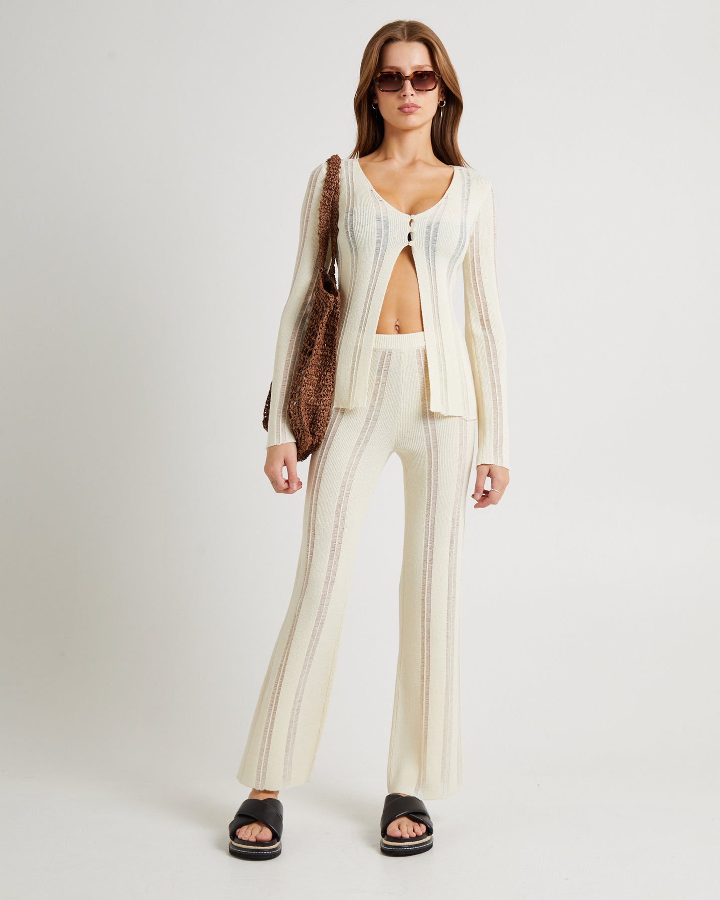 Ladder Knit Button Long Sleeve Top