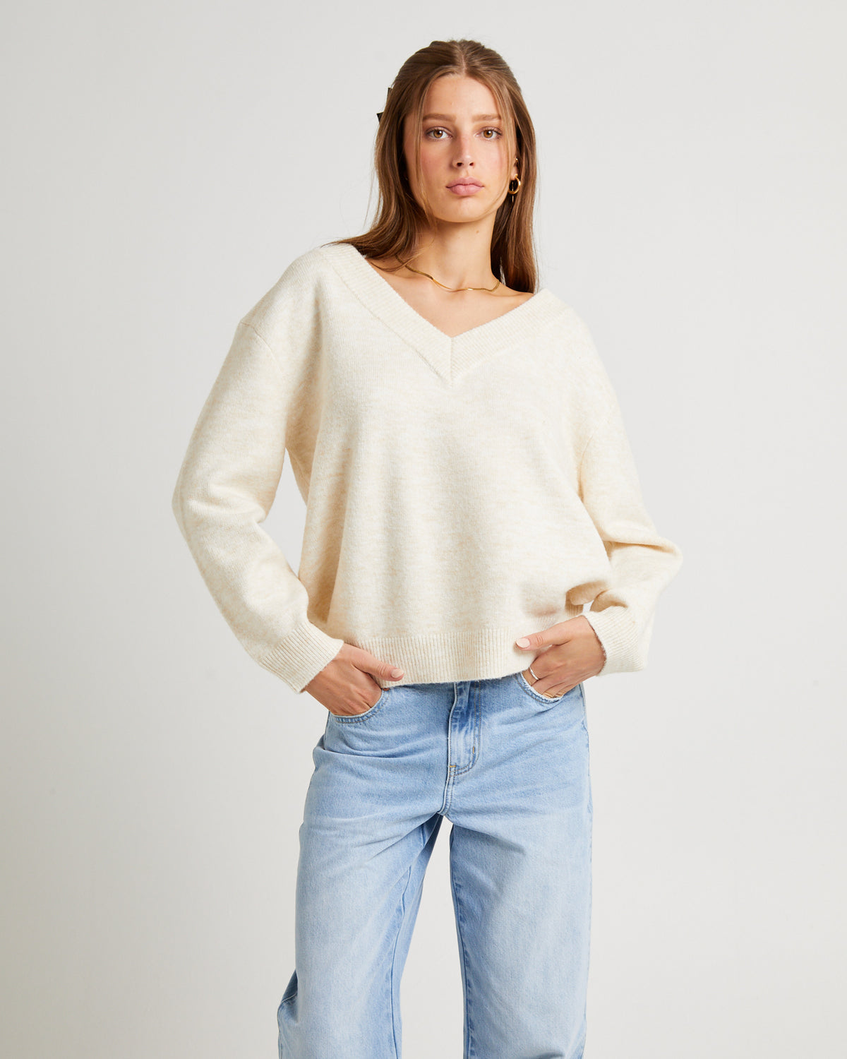 Deep V Neck Slouchy Jumper BEIGE