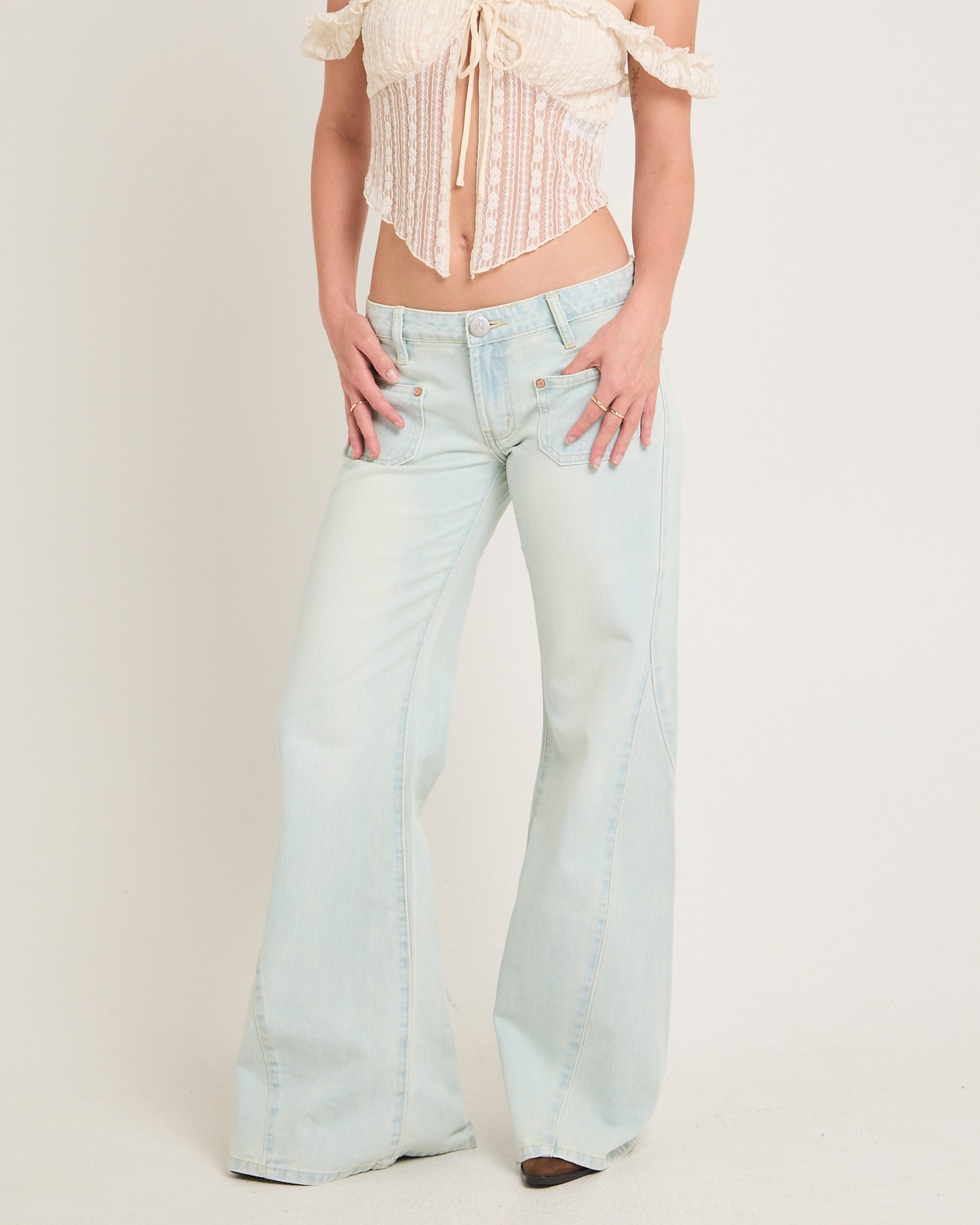 Johnnies Low Waist Wide Leg Flared Denim Jeans Le Surf