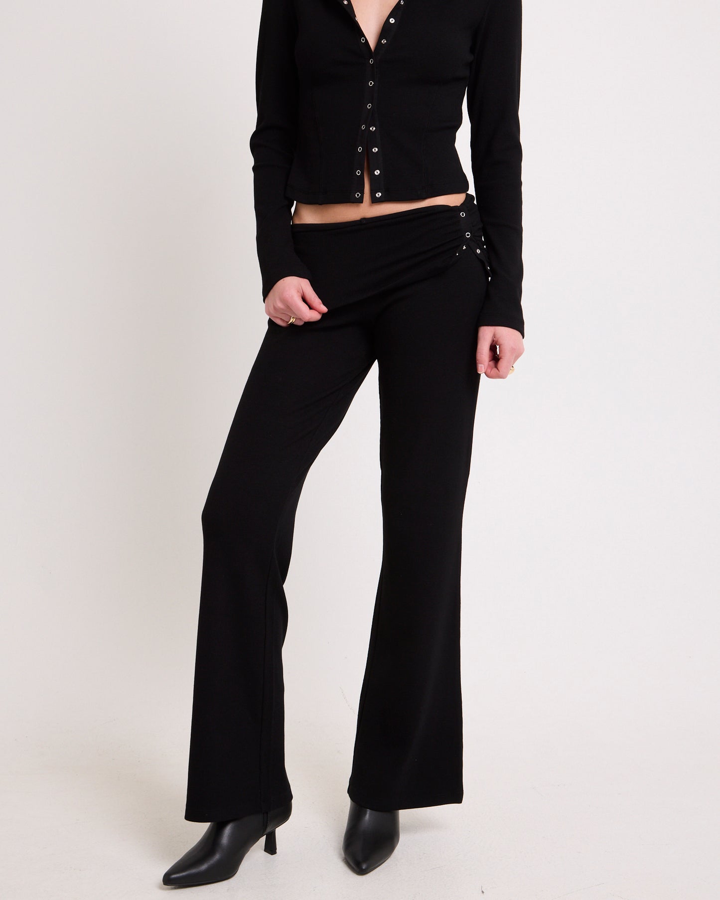 Rib Fold Waist Flare Pants