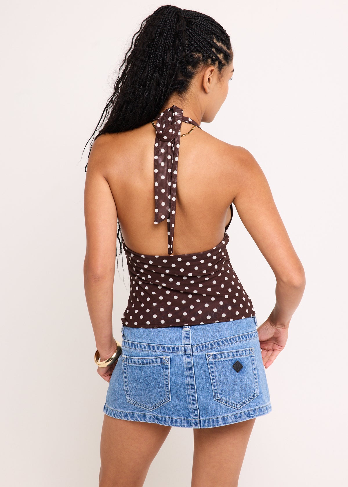 Ava Slinky Plunge Top BROWN POLKA